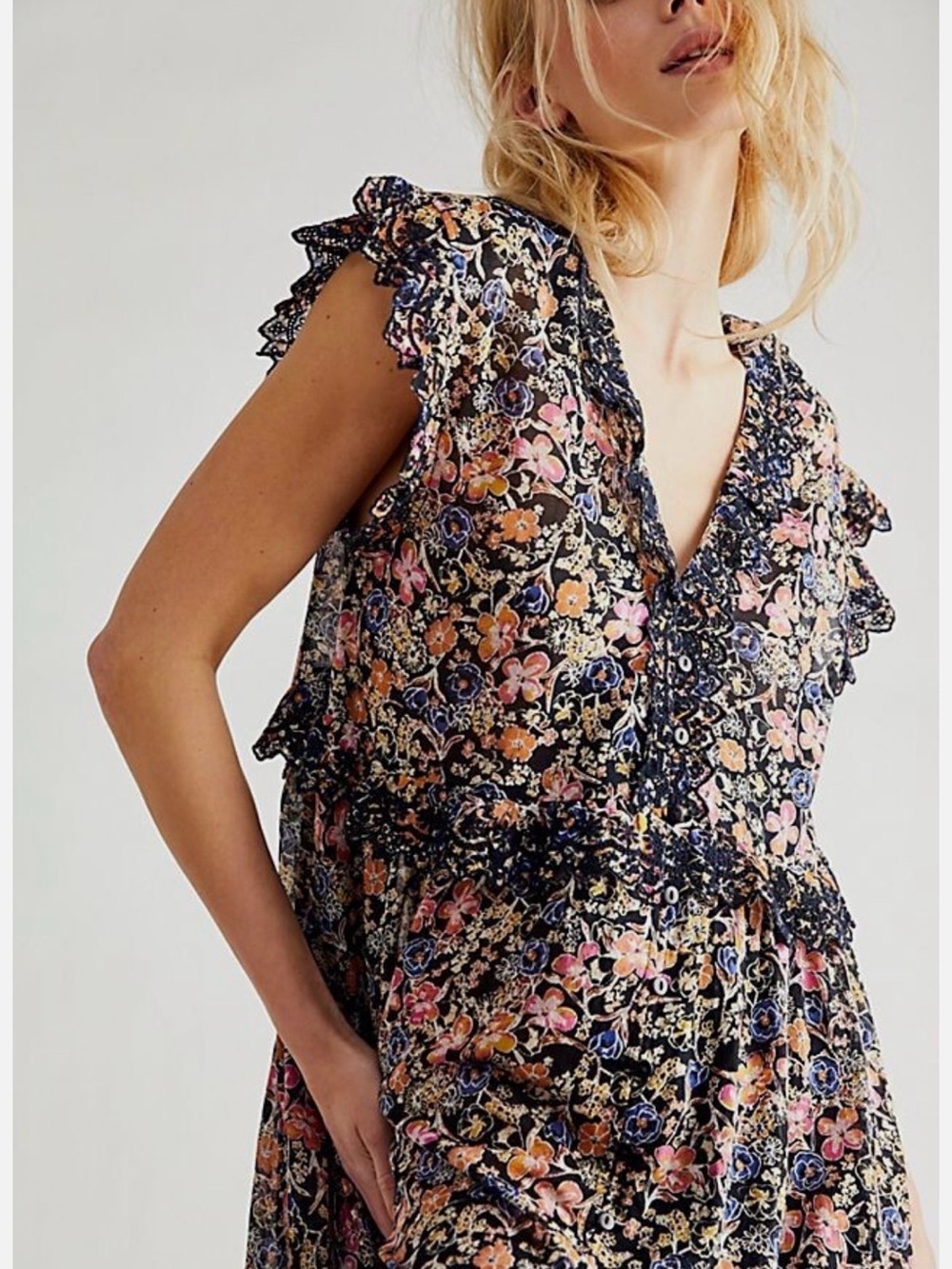 Free People Black Multi Floral Ruffle Sleeve 'Milania' Dress Oversized Fit Small
